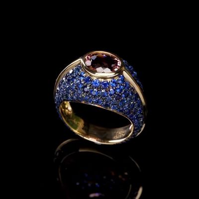 5ct oval-cut pink Zircon and sapphire handmade sterling silver and yellow gold plated ring