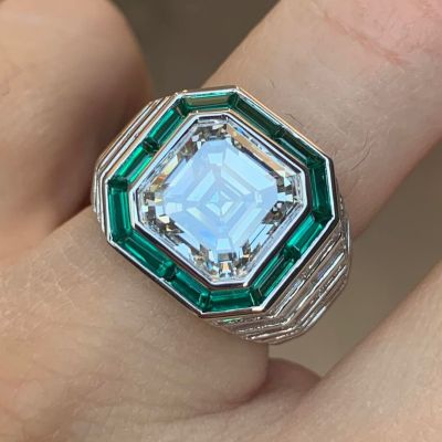 5ct cushion-cut Zircon and emerald sterling silver handmade ring