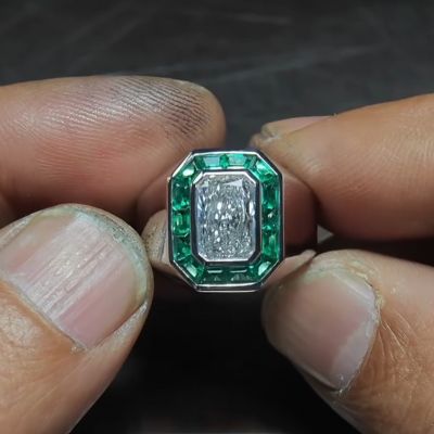 3ct Princess Cut Zircon and Emerald Sterling Silver Handmade Ring