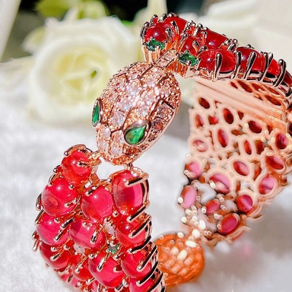 Red Garnet Bead Stones Snake Head Shaped Open and Close Bangle Bracelet 