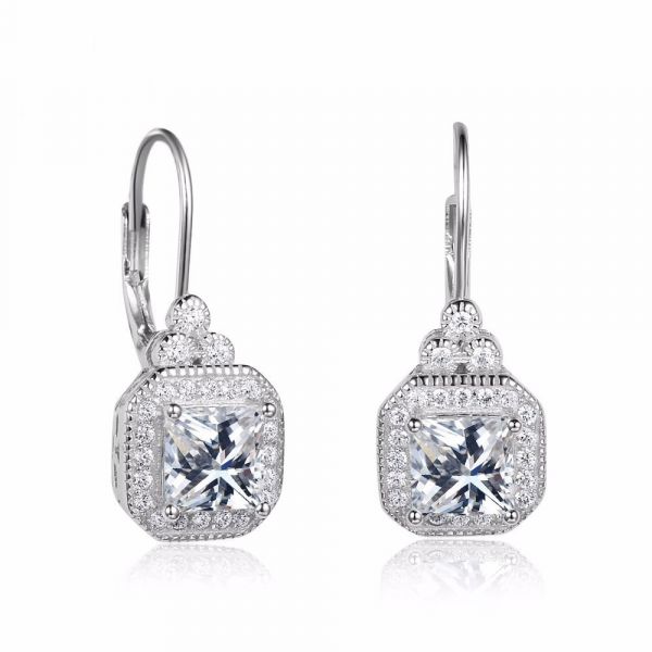 Sterling Silver Classic Halo Round With Princess Cut Drop Earrings
