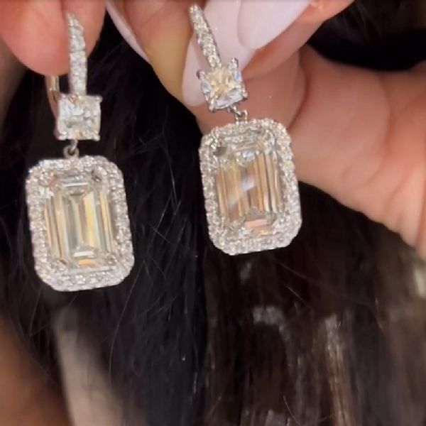 10.6 CT Zircon Drop Earrings Emerald Cut Micro Pave Halo Setting