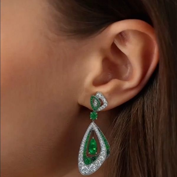 Pear And Round Emerald And Zircon Earrings