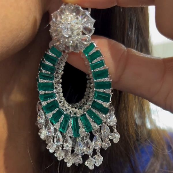 Vintage Rhinestone Emerald Green Clear Crystal Silver Tone Clip Earrings