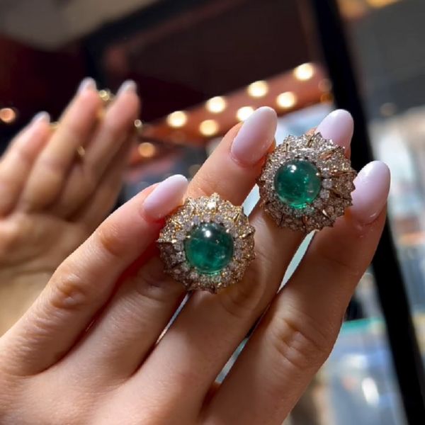 18K Yellow Gold Natural Round Cut Emerald Earrings Studs with Zircon