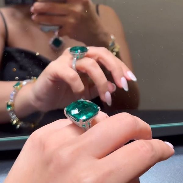 31.0 Carat Cushion Cut Colombian Emerald And Zircon Ring