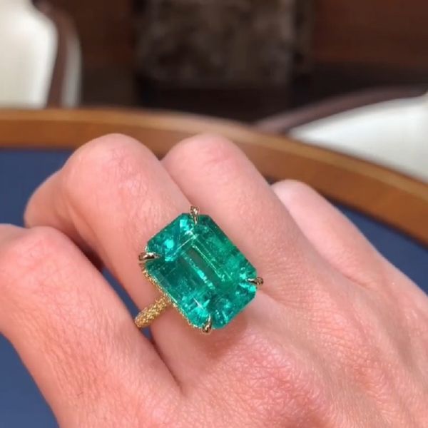 13.67 Carats Emerald Cut  “Old Mine” Green Hue Zircon Engagement Ring