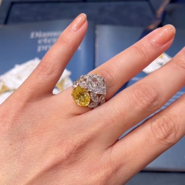 6.99 Carats Yellow And White Color Symmetry Double Stone Zircon Ring