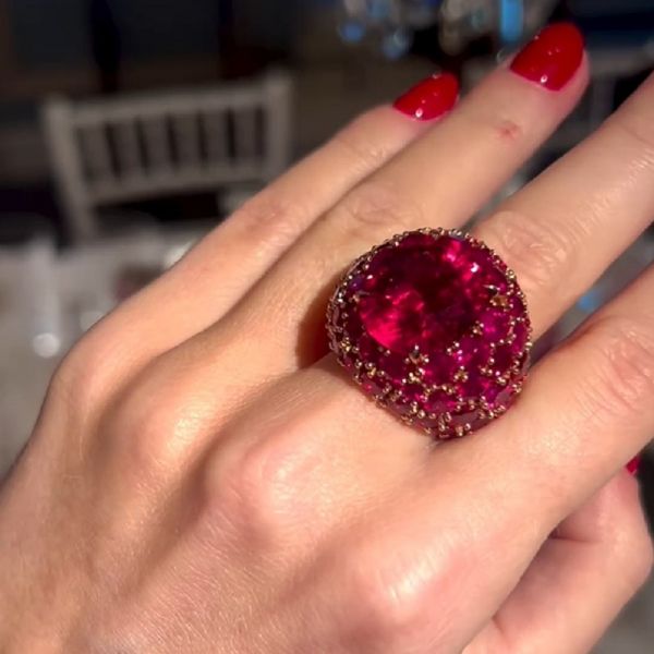 25.86 Carats Cushion Cut Rubellite Hanging Out With Pink Spinels Cocktail Ring