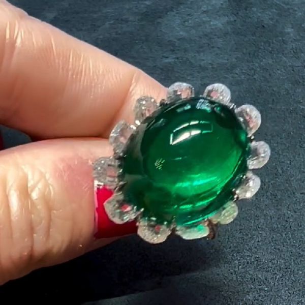 16.42 Carats Oval Cut Emerald & Zircon Split Shank Engagement Ring