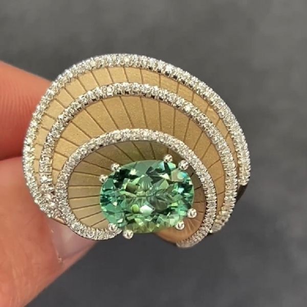 0.29 Carats Natural Beige Gold with Green Tourmaline and Zircon Ring