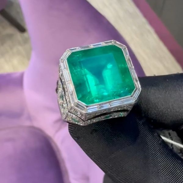 12.7 Carats Men's Certified Colombian Emerald And Zircon Ring