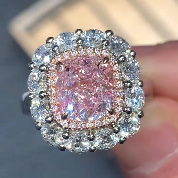5.03 Carats Cushion Cut Fancy Intense Pink Ring