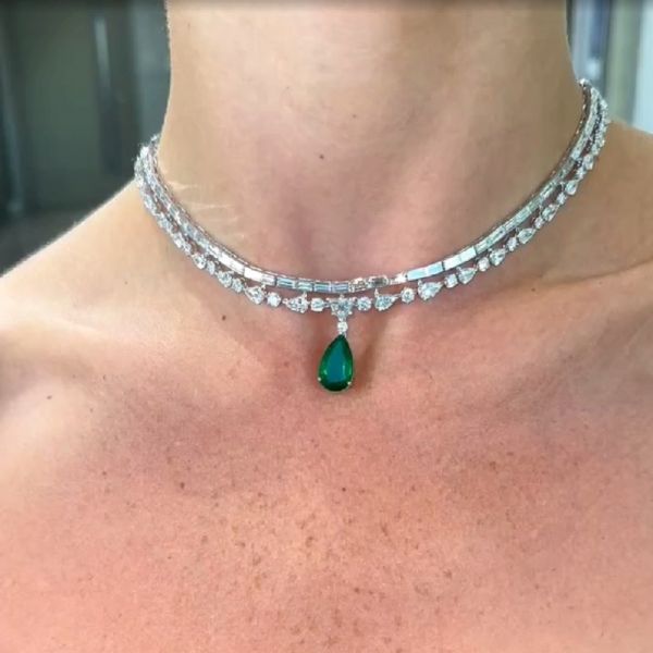 9.0 Carats Pear Cut Emerald & Moissanite Tennis Necklace