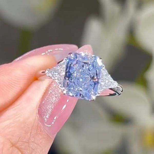 3.0 Carats Radiant Cut Three Stone Fancy Blue Zircon Ring