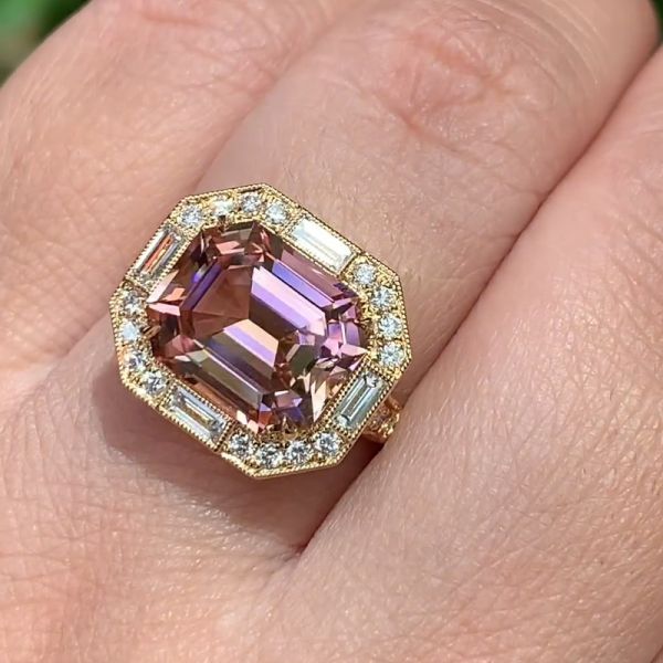 3.2 Carat Emerald Cut Vintage Cluster Halo Pink Ring