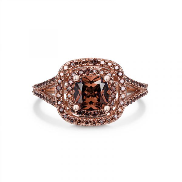 Sterling Silver Elegant Split Shank Halo Cushion With Round Cut Chocolate Engagement Ring