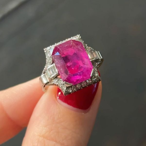 7.60 Carat Art Deco Burma No Heat Ruby and Zircon Ring