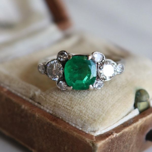 2.42 Carat Art Deco Brazilian Emerald And Zircon Silver Ring