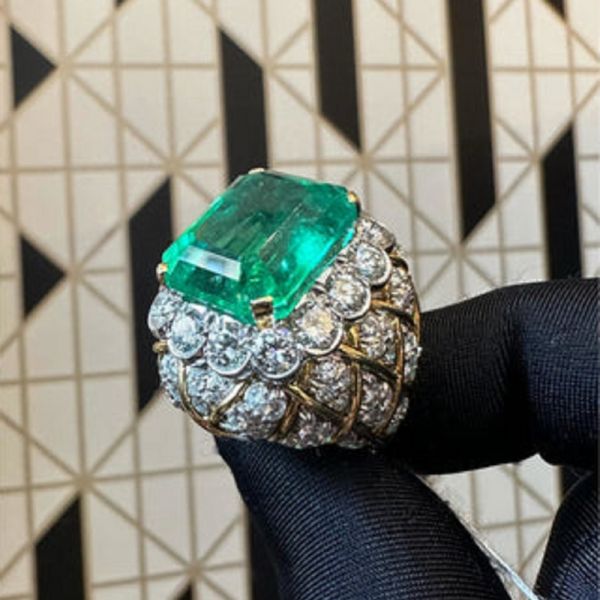 19.67 Carats Emerald Cut Colombian Emerald & Zircon Cross River Ring 