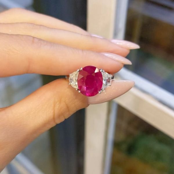 5.19 Carats Oval Cut Ruby Zircon Three Stone Engagement Ring