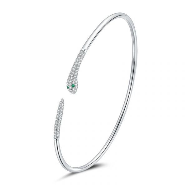 Sterling Silver Delicate Snake Inspired Round Cut Bangle Bracelet