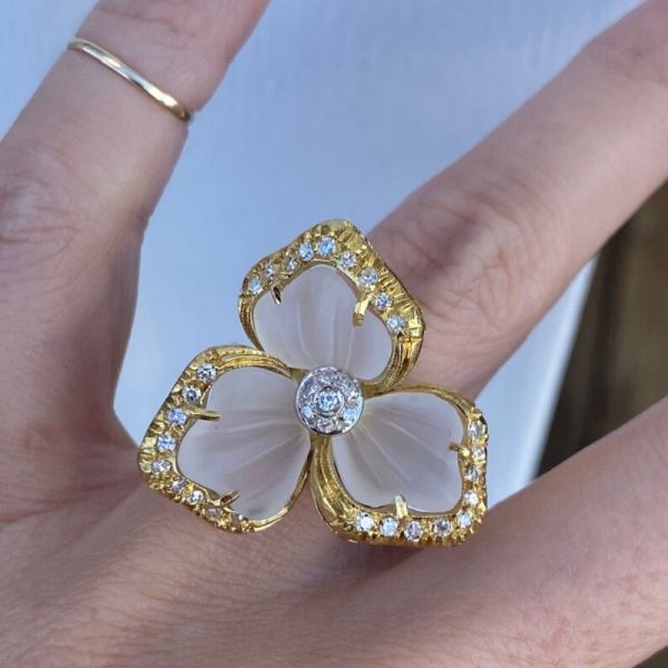 0.36 Carat Stunning Carved Quartz Single Cut Zircon Flower Cocktail Ring