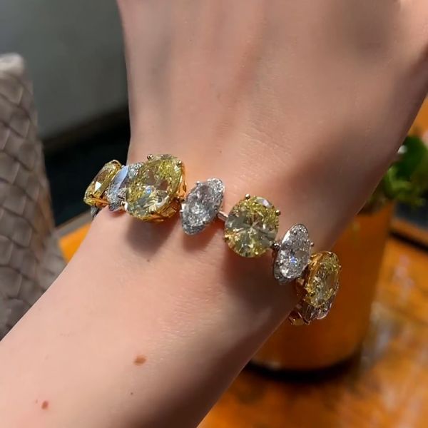65ctw Oval Cut Yellow & White Sapphire Handmade Bracelet