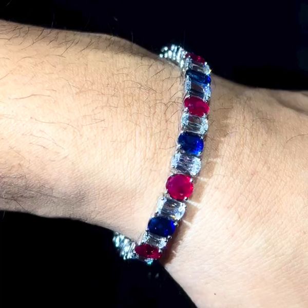 30ctw Oval Cut Zircon & Ruby & Sapphire Sterling Silver Handmade Bracelet