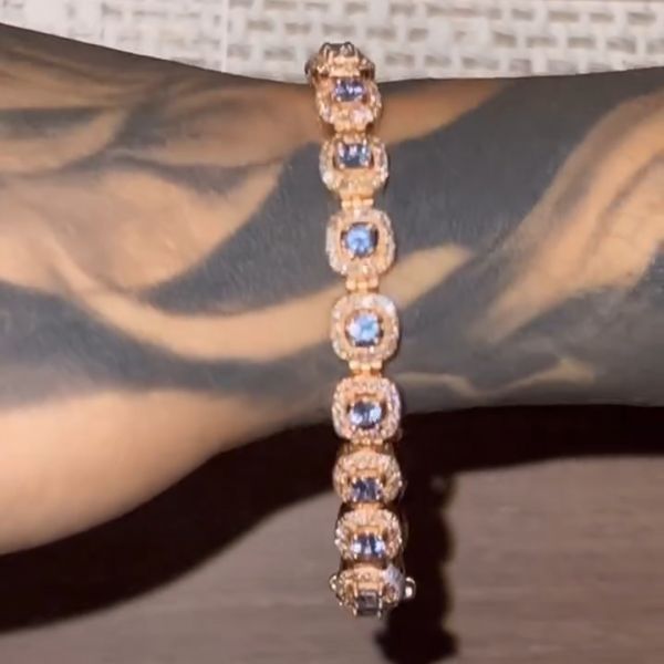 30ctw Princess Cut Blue and White Sapphire Sterling Silver Plated Yellow Gold Handmade Bracelet