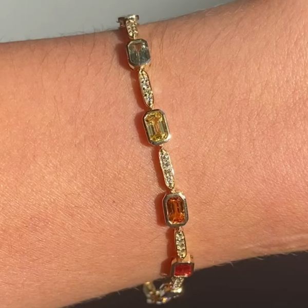 5ct Emerald-cut Colored Gemstone Sterling Silver Plated with Yellow Gold Handmade Bracelet