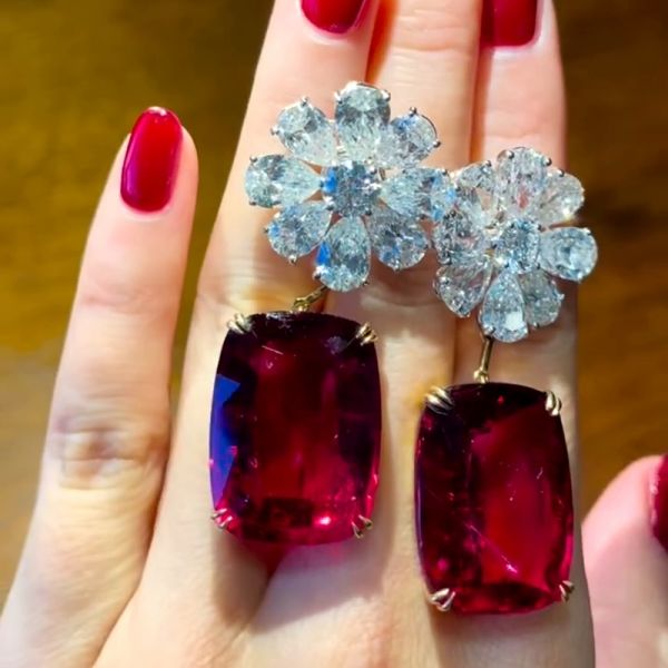 12ct Cushion Cut Ruby Flower Zircon Drop Earrings