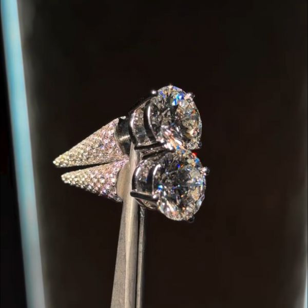 5ctw round cut Zircon main stone + small Zircon inlaid sterling silver handmade earrings