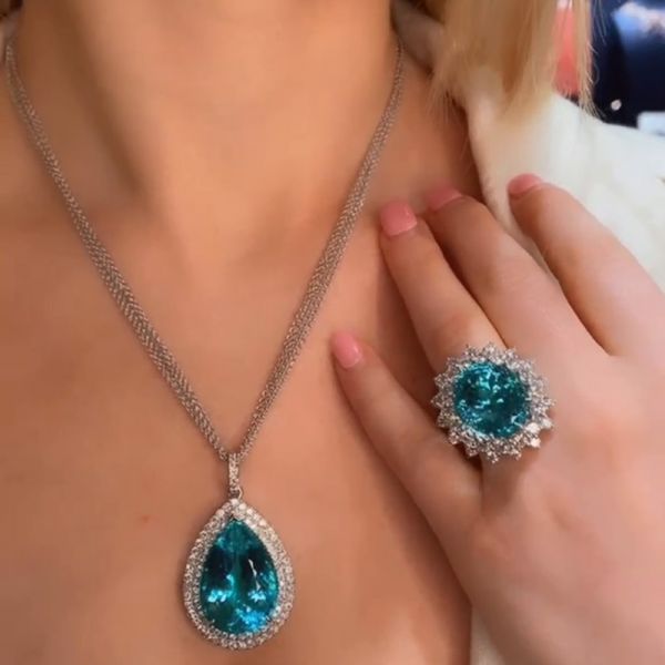 36ct Pear Cut Paraiba Tourmaline Double Halo Pendant Necklace