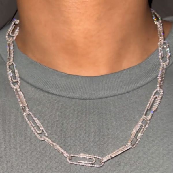 31ctw Round Cut White Sapphire Paper Clip Paved Handmade Men's Necklace