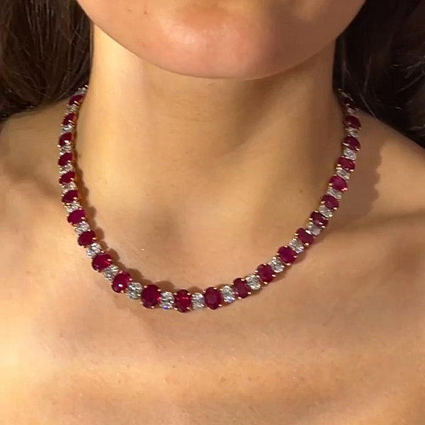 60ctw Oval Cut Ruby & Zircon Handmade Rivière Necklace