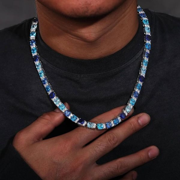 45ctw Blue Mixed Radiant Cut Handmade Men's Tennis Necklace