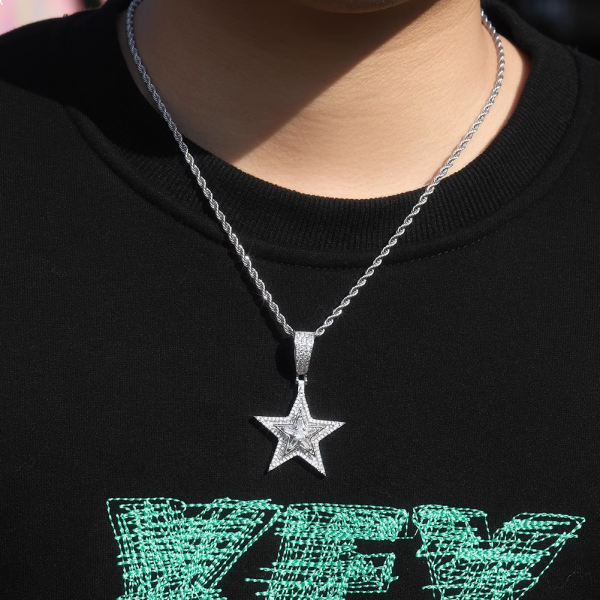 Hip-hop zircon-inlaid rotatable five-pointed star pendant street necklace