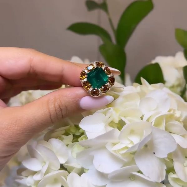 7ct  Emerald Ring  with Yellow Stone Halo