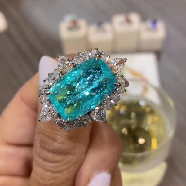 16ct Cushion Cut Paraiba Tourmaline Paved Engagement Ring