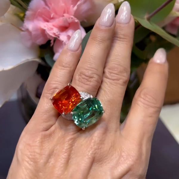 16ct Cushion Cut Orange Red & Green Sapphire Paved Toi Et Moi Ring