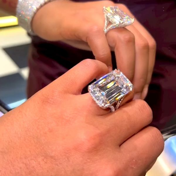 20ct Emerald Cut White Sapphire Paved Handmade Engagement Ring