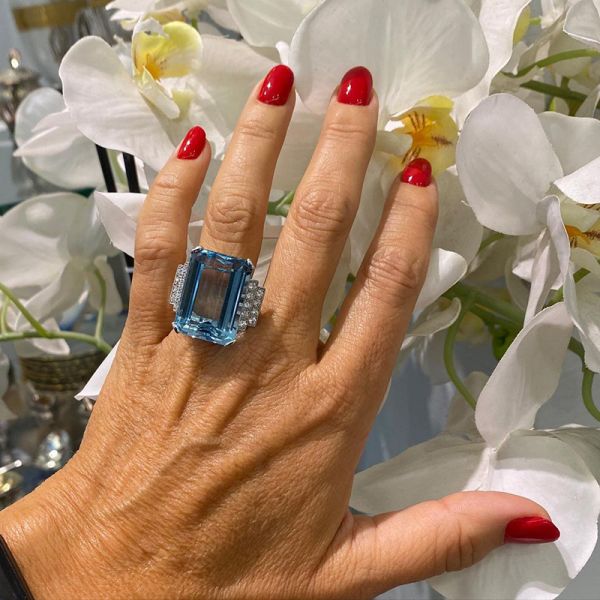 8ct Emerald Cut Aquamarine Paved Zircon Handmade Engagement Ring