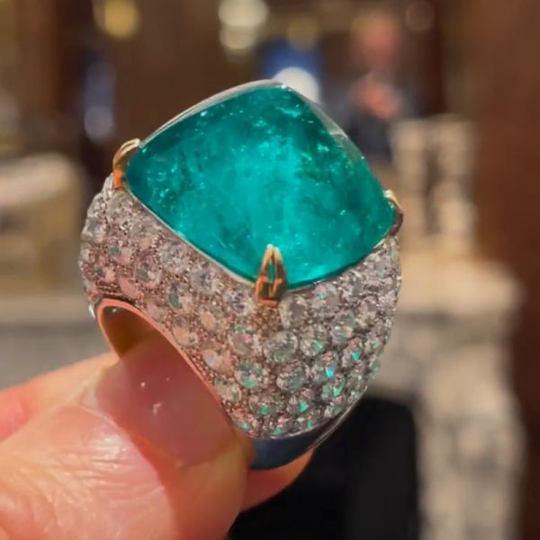 10.5ct Sugar Loaf Cabochon Emerald Paved Two-Tone Handmade Sterling Silver Ring