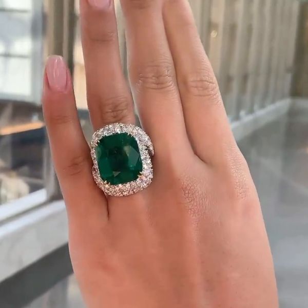 16.3ct Cushion Cut Emerald Double Halo Sterling Silver Handmade Engagement Ring