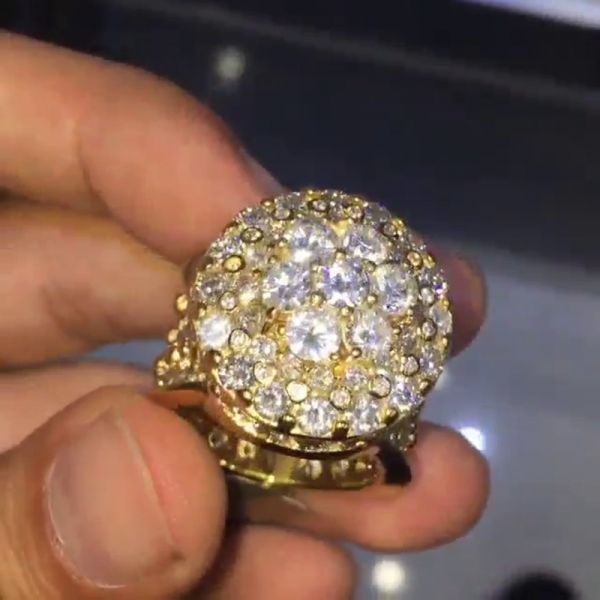 Round Cut White Sapphire Pave Set Yellow Gold Vintage Style Men's Ring