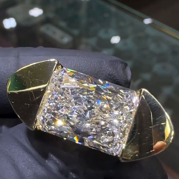 12ct Radiant Cut White Sapphire Yellow Gold Unique Design Handmade Men's Ring