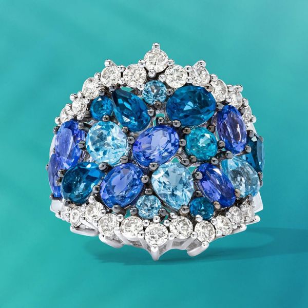 5ctw Round & Oval Cut Blue Sapphires Sea Wave Handmade Ring