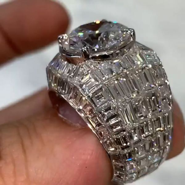 6.4ct Round Cut White Sapphire With Emerald  Invisibly Setting Handmade Men's Ring