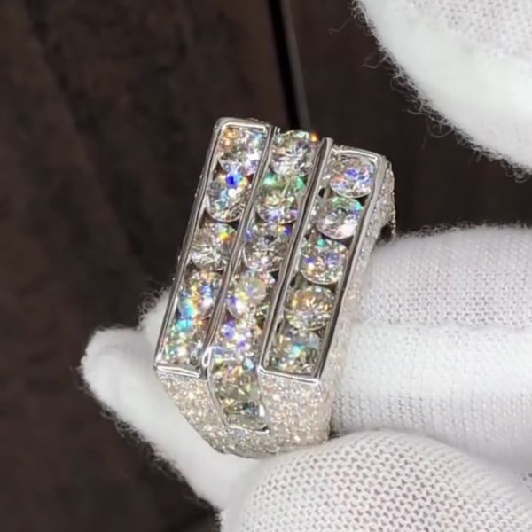 15ctw Round Cut White Moissanite Three-Row Unique Design Handmade Men's Ring